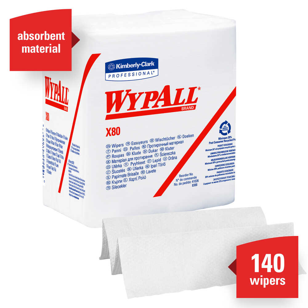 Wypall X80 Wipers / Quarter Fold / White / 31.7 cm x 30.5 cm, 41026  (Pack of 4)