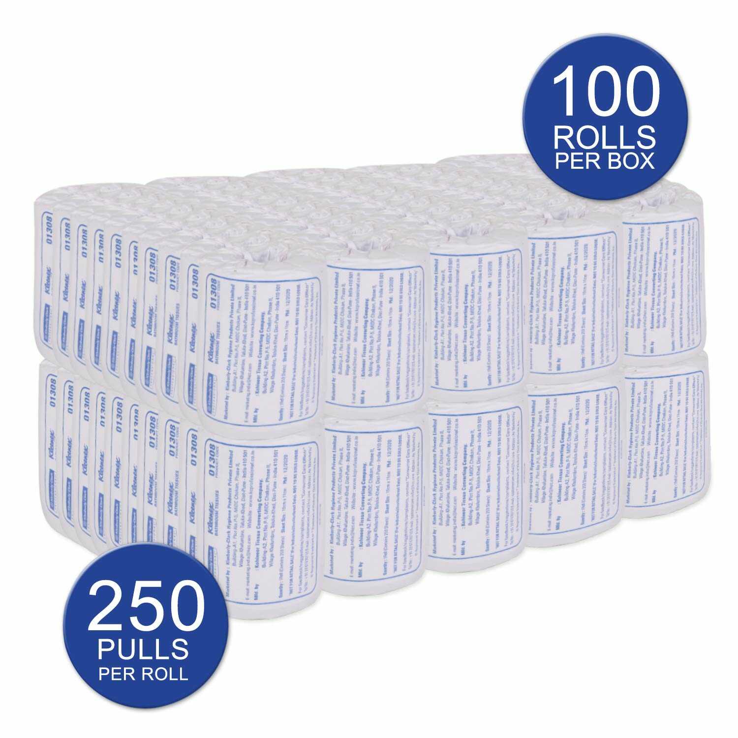 Kimberly Clark* Kleenex* Bathroom Tissue Roll, 1308 (Pack of 100 Rolls/Case, 250 Sheets/Pack, Total 25,000 Sheets )